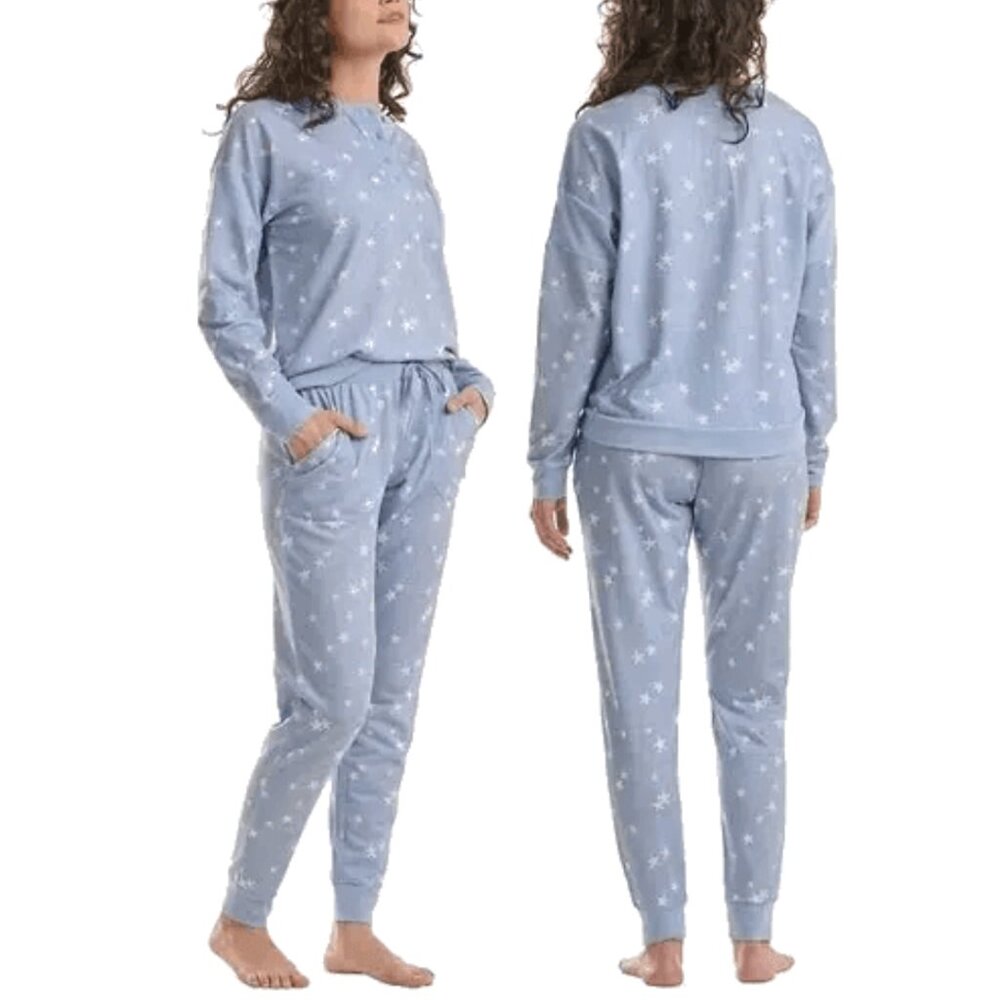 Splendid Womens Small Blue 2 Piece Star Print Pajama Set Cozy Lounge PJ Top Pant